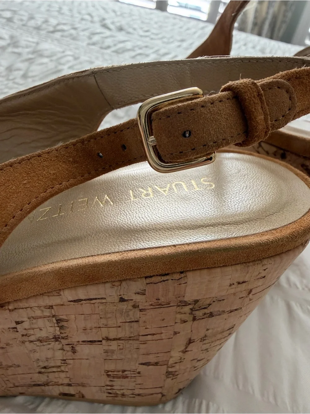 Stuart Weitzman Peep-Toe Tan Suede Cork Wedge Slingbacks
